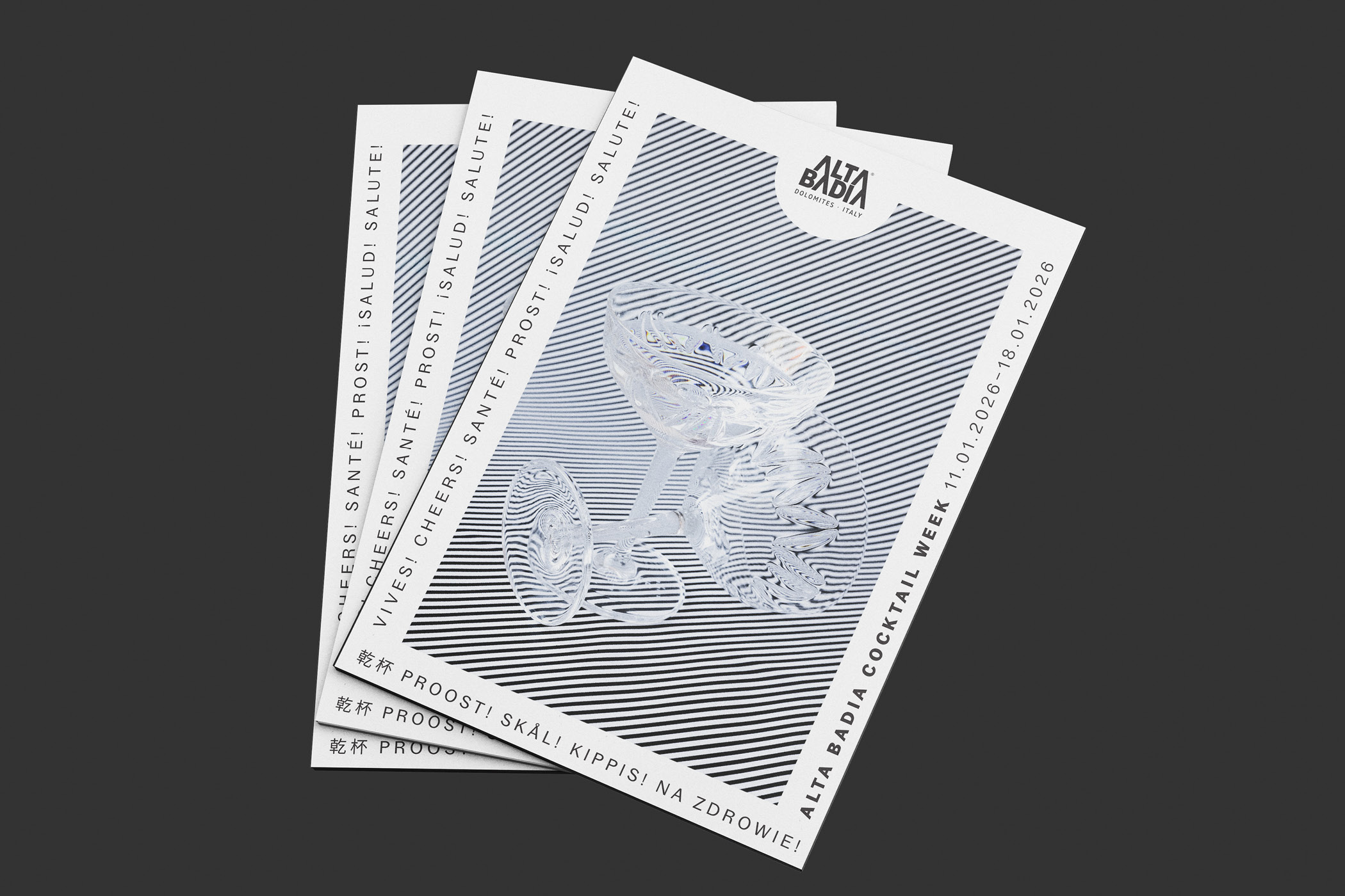 Flyer zur Alta Badia Cocktail Week 2026 mit buntem Glasdesign