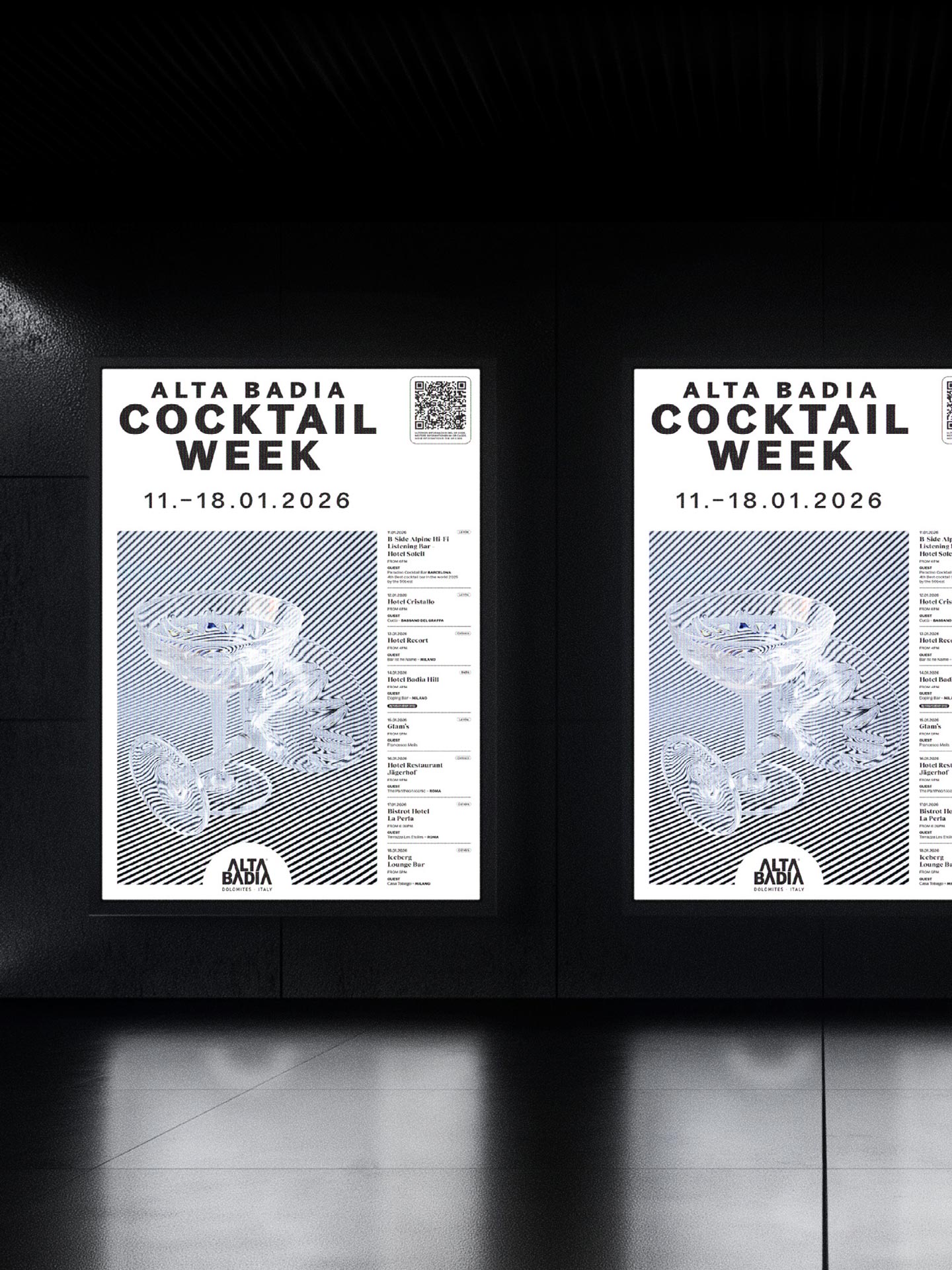 Plakate der Alta Badia Cocktail Week; 11.-18.01.2026 im modernen Innenraum