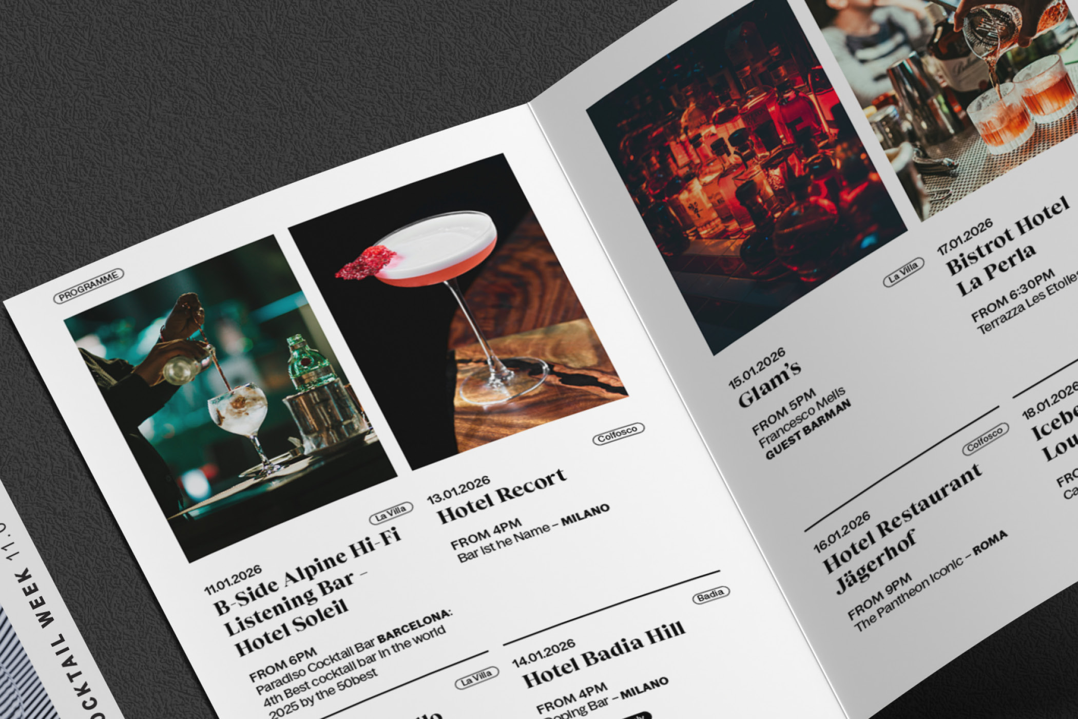 Prospektseite mit Bildern von Cocktails und Veranstaltungsinfos der Alta Badia Cocktail Week.