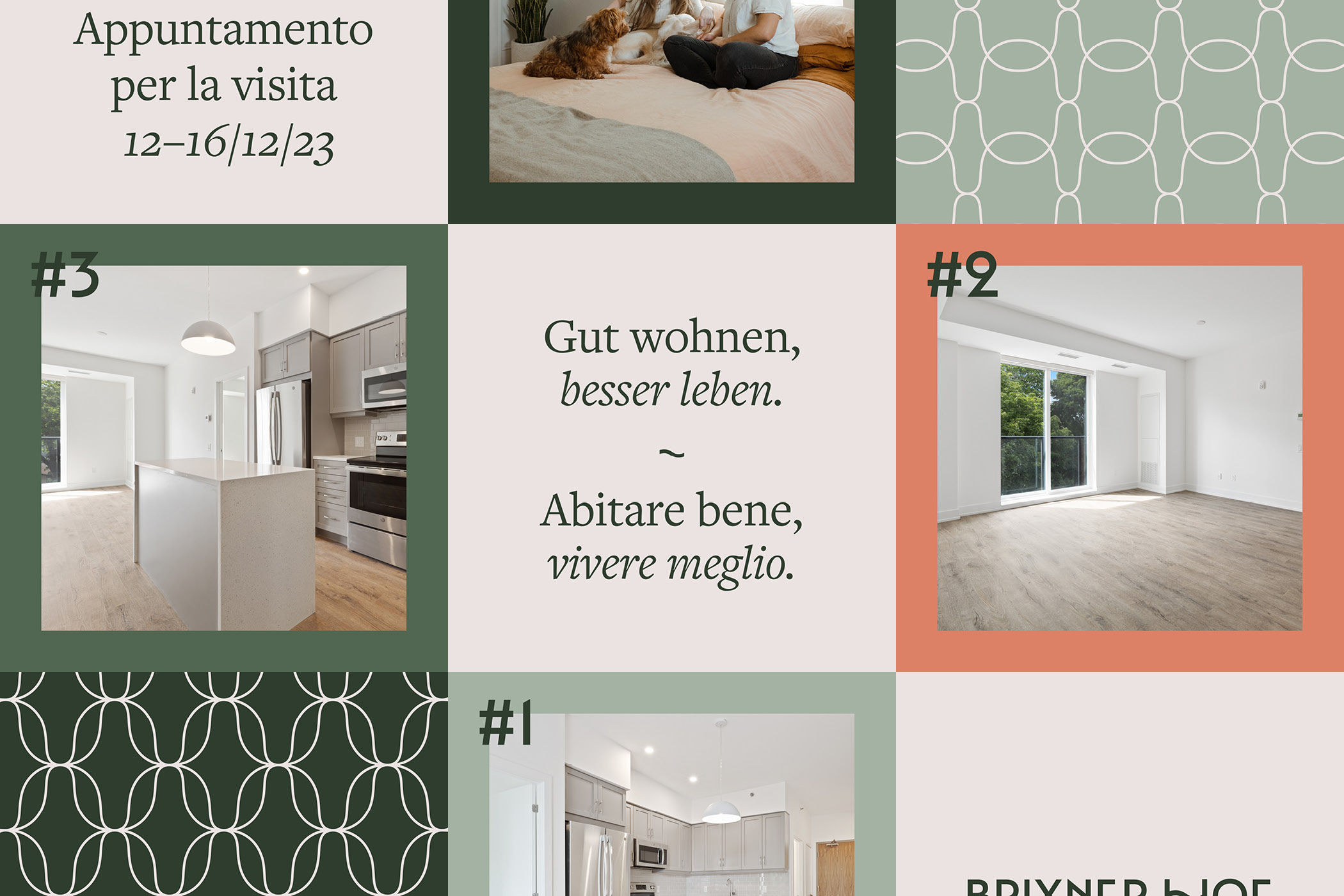 Collage mit Wohnungsbildern, Schriftzug 'Brixner Hof', Text in Deutsch und Italienisch.