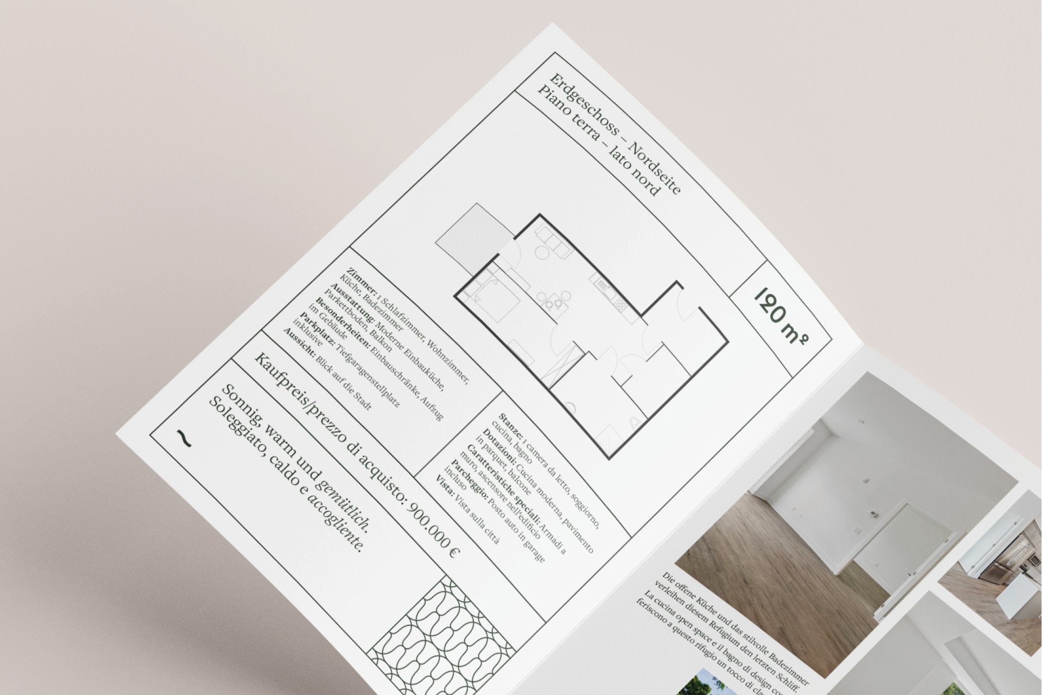 Broschüre mit Grundriss und Informationen zu Erdgeschosswohnung, 190 qm.