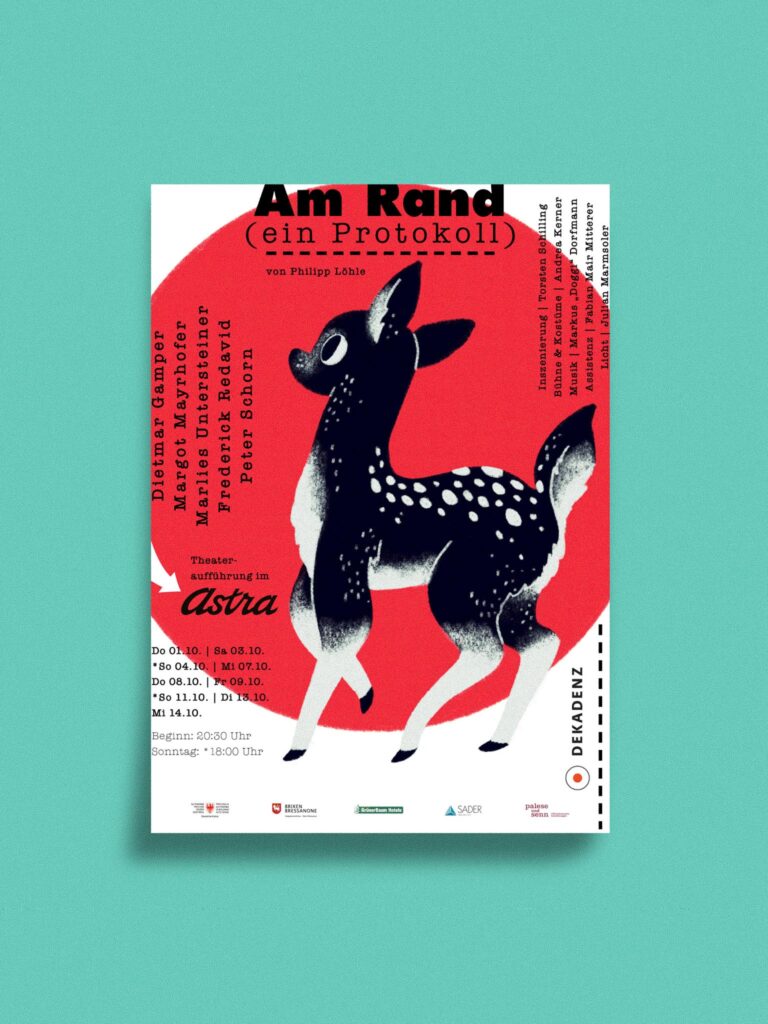 Plakat für Theaterstück 'Am Rand' mit gezeichnetem Reh.