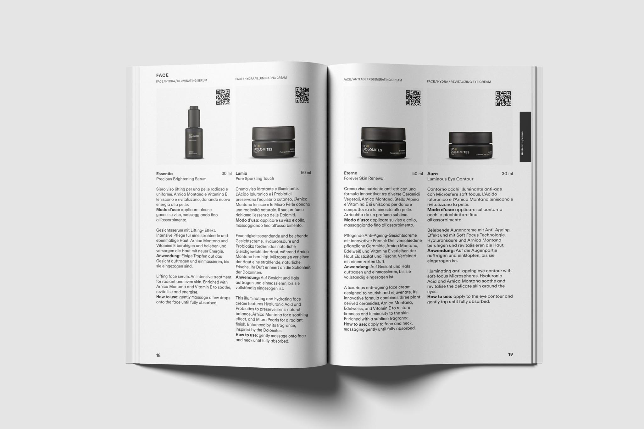 Offenes Magazin zeigt Kosmetikprodukte und Produktbeschreibungen der Linie FD Dolomites.